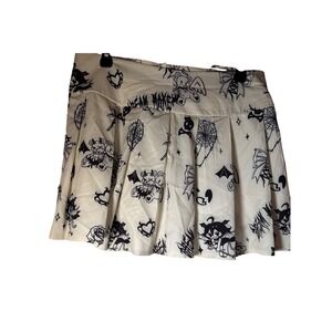 Romwe Goth Emo Pleated Mini Skirt Cream Black Graphic Print Y2K Size L US 8/10
